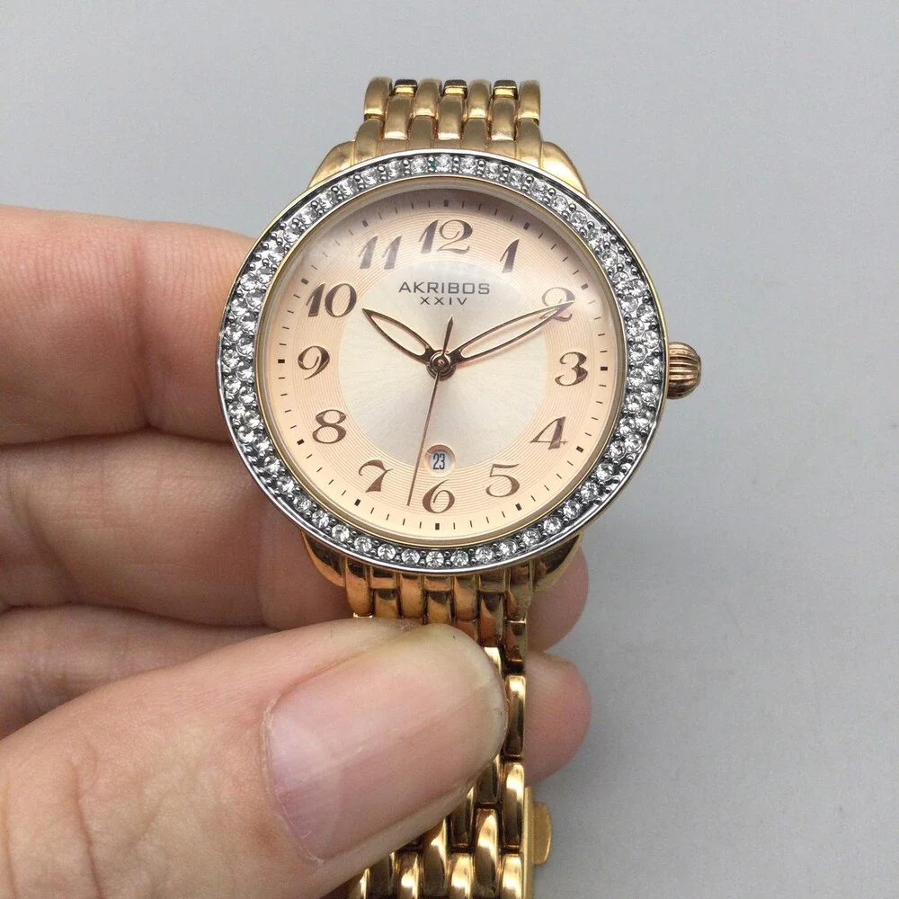 Akribos XXIV Womens Watch 33mm Gold Tone Crystals Date New Battery 7.5
